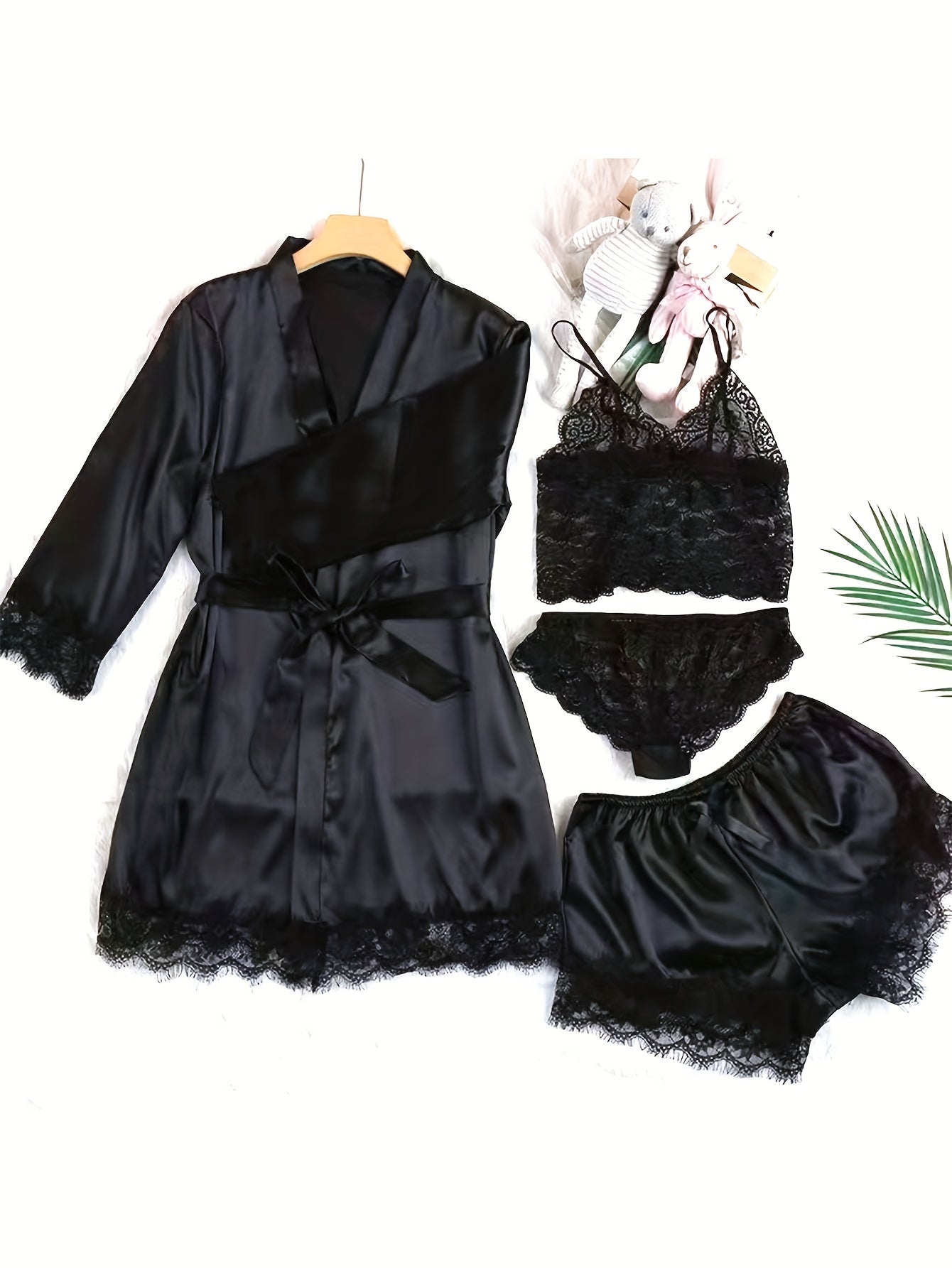 Aurora – Satin Lace Lounge Set with Kimono & Shorts