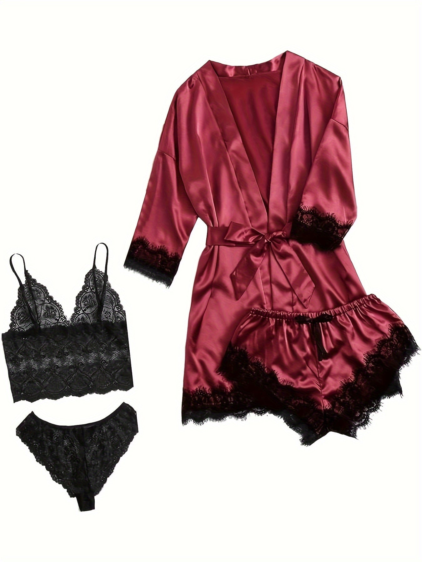 Aurora – Satin Lace Lounge Set with Kimono & Shorts